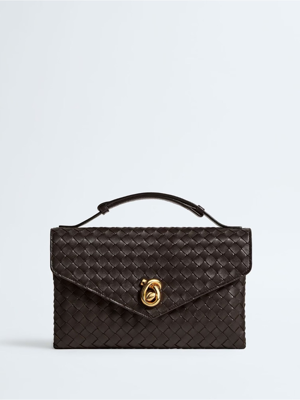 Woven Leather Top-Handle Bag in Dark Brown with Gold Hardware
